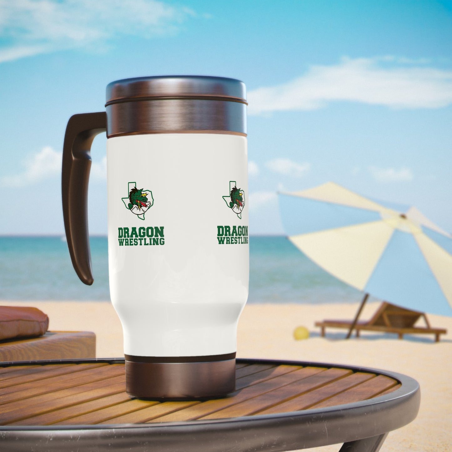 Dragon Wrestling Stainless Steel Travel Mug with Handle, 14oz
